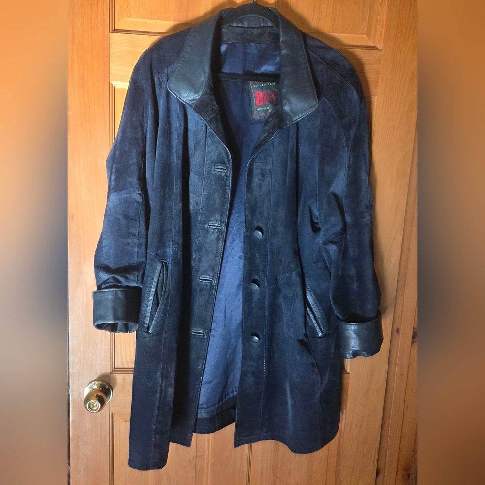 Vintage Suede Leather Trim Jacket – Navy Blue XL – 90s Streetwear Coat 🇨🇦
